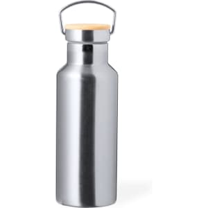 A drink bottle with a metallic silver finish and a wooden lid, featuring a metal handle.