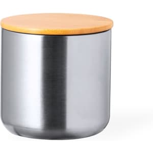 A drink bottle with a stainless steel body and a wooden lid. It has a sleek, modern design.