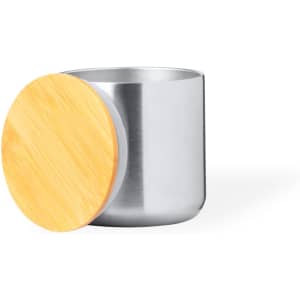 A drink bottle with a stainless steel body and a wooden lid, featuring a sleek, modern design.