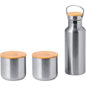 A drink bottle and two matching containers with bamboo lids, featuring a sleek stainless steel finish.