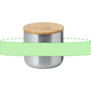 A drink bottle featuring a stainless steel body with a bamboo lid. It includes a logo on the surface.