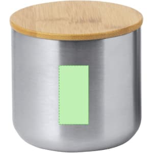 A drink bottle with a stainless steel body and a bamboo lid. It has a logo on one side.