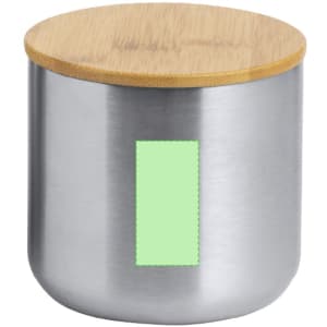 A drink bottle with a stainless steel body and a bamboo lid, featuring a blank rectangular area.