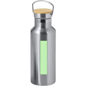 A drink bottle made of stainless steel with a bamboo lid and a mint green accent. It features a simple logo.