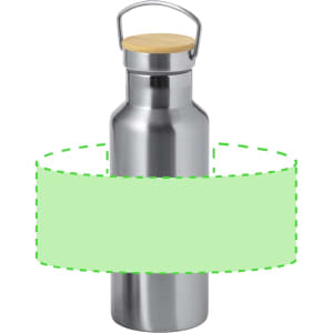 A stainless steel drink bottle with a wooden lid and a handle, featuring a simple design and a logo.