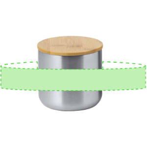 A drink bottle featuring a stainless steel body with a bamboo lid. It includes a logo on the surface.