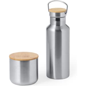 A drink bottle and a matching container, both in stainless steel with wooden lids. The bottle has a handle.