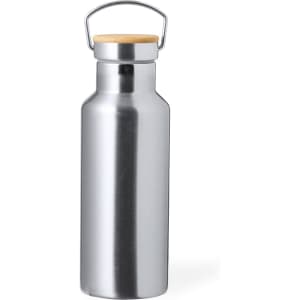 A drink bottle made of shiny silver stainless steel with a wooden lid and a metal handle. It features branding.