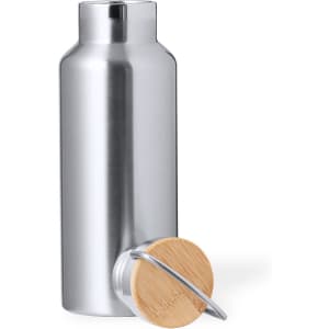 A drink bottle in a sleek silver finish with a bamboo cap and a metal handle. Features a logo on the side.