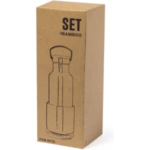 A drink bottle in a brown box, featuring a minimalist design and a logo, made with bamboo accents.