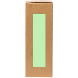 A drink bottle with a minimalist design, presented in a plain brown box featuring a green window cut-out.