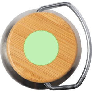 A drink bottle featuring a stainless steel body with a wooden base and a metal handle. It also has a logo.
