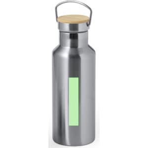 A drink bottle in stainless steel with a bamboo lid and a light green section, featuring a logo.