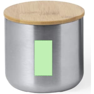 A drink bottle featuring a stainless steel body with a bamboo lid and a decorative panel.