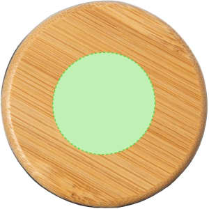 A drink bottle lid with a bamboo exterior and a green centre, featuring a logo on the surface.