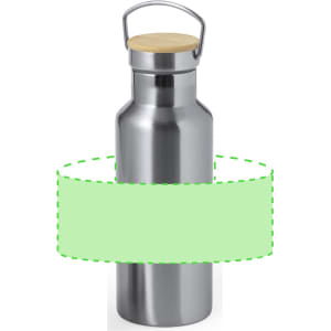 A drink bottle in stainless steel with a wooden cap and a metal handle, featuring branding on the body.
