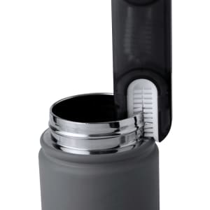A drink bottle with a grey exterior and a black top featuring a built-in cleaner brush.