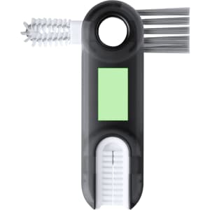 A drink bottle cleaning brush in black and white, featuring bristles and a cleaning tool with a logo.