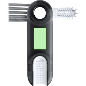 A drink bottle cleaner brush in black and grey, featuring a bristle brush and a narrow cleaning tool. It has a logo.