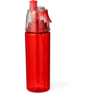 A drink bottle in vibrant red with a transparent top and a nozzle for dispensing liquids. It features a logo.