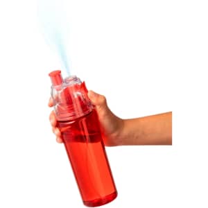 A drink bottle in bright red with a spray nozzle, held in a hand, featuring a logo on the cap.