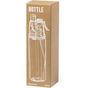 A drink bottle in a cardboard box with a clear design, featuring a logo and a spout. The bottle is transparent.