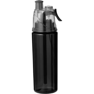 A drink bottle in black, featuring a clear lid with a spout and a built-in pump mechanism. It has a logo on the side.