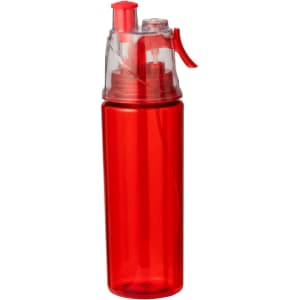 A drink bottle in vibrant red with a clear plastic top and a dispensing nozzle, featuring a logo.