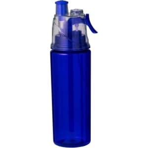 A drink bottle in blue with a clear, textured lid and a spray feature on top. It has a logo on the body.