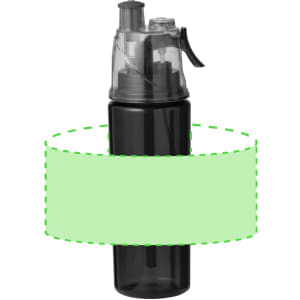 A drink bottle in black with a spray top and a logo, designed for vapour application.