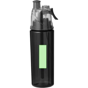 A drink bottle in black with a transparent lid and a pump mechanism, featuring a placeholder for custom branding.