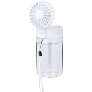 A drink bottle with a clear body and a white lid, featuring a detachable fan on top.