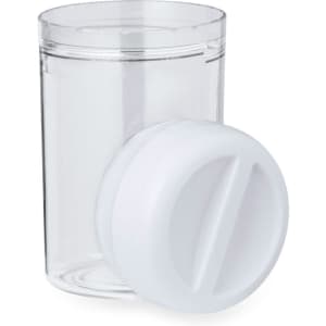 A drink bottle featuring a transparent design with a white lid and a wide opening for easy access.