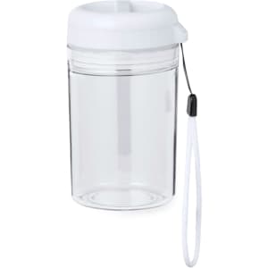 A drink bottle in clear plastic with a white lid and a wrist strap, featuring a branding logo.