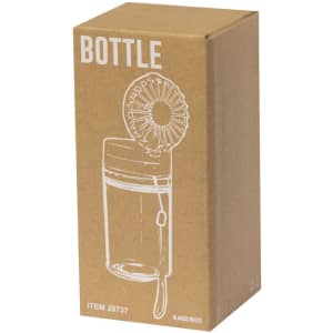 A drink bottle in a cardboard box, featuring a fan on top and a white body with some branding.