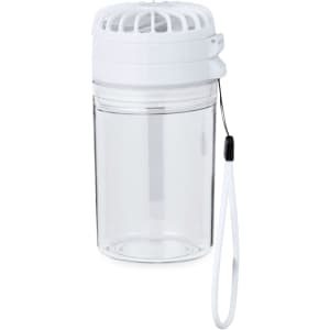 A clear drink bottle with a white lid and a built-in strainer, featuring a carrying strap.