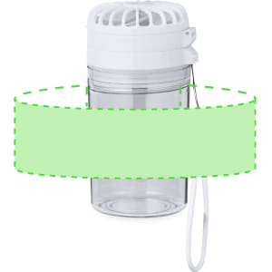 A drink bottle in clear plastic with a white lid and a fan top. It features a carrying strap and has a logo.
