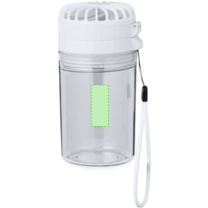 A drink bottle in clear plastic with a white lid and a wrist strap, featuring a space for branding.