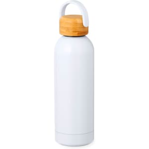 A drink bottle in white with a bamboo lid and a carry handle, featuring a simple design and a logo.