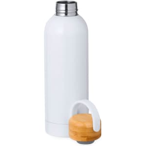 A drink bottle in white with a wooden lid. Features an insulated design and a subtle logo.