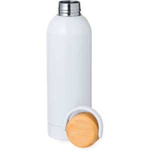 A drink bottle in white with a stainless-steel top and a bamboo base, featuring a minimalist design and logo.