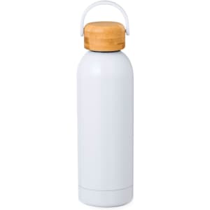 A drink bottle in white with a bamboo lid, featuring a sleek design and a logo.