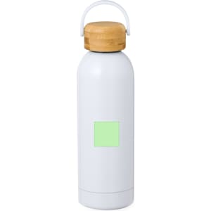 A drink bottle in white with a wooden lid and a blank square for custom decoration.