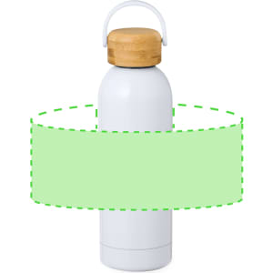A drink bottle featuring a white body and a wooden lid, equipped with a handle and a logo.