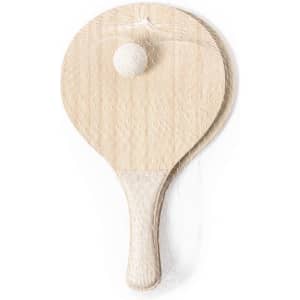 A pair of wooden beach rackets with a white ball, wrapped in netting. Features a simple, natural finish.
