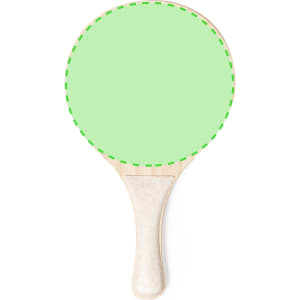 A beach racket with a round wooden handle and a large green surface, featuring a branding logo.