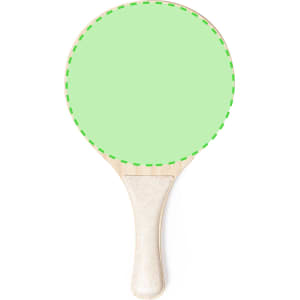 A green sublimation beach racket with a wooden handle, featuring a blank area for custom designs.