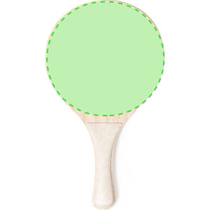 A green beach racket with a wooden handle and a smooth rounded paddle surface, featuring a logo.