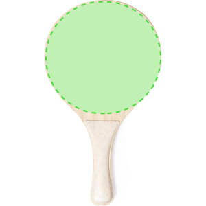 Green sublimation beach racket with a wooden handle and a flat, circular playing surface. Features a logo.
