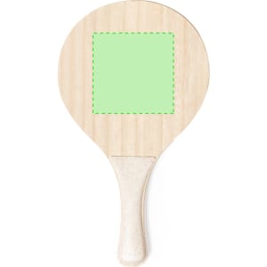 A wooden beach racket in a paddle shape, featuring a blank green area for custom design or decoration.